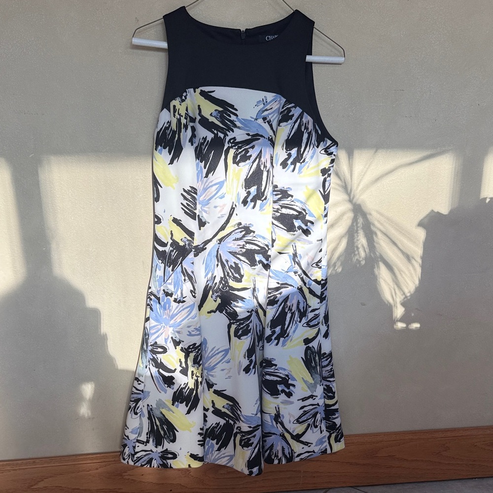 Chaps Sleeveless Floral Midi Dress in Black, White, Blue & Yellow